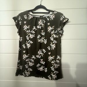 Liz Claiborne Scoop Neck Olive Green Floral Ruffled Blouse